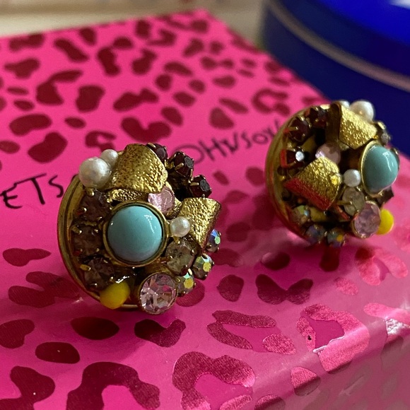 Betsey Johnson Gold Bows and Colorful Gem Cluster Festive Earrings - Picture 8 of 8